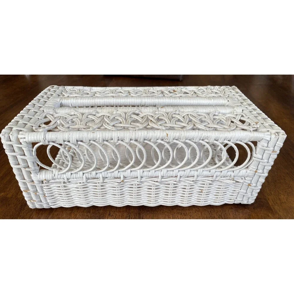 VINTAGE White Wicker Rectangular Tissue Box Holder Cover BOHO Shabby Chic Rustic